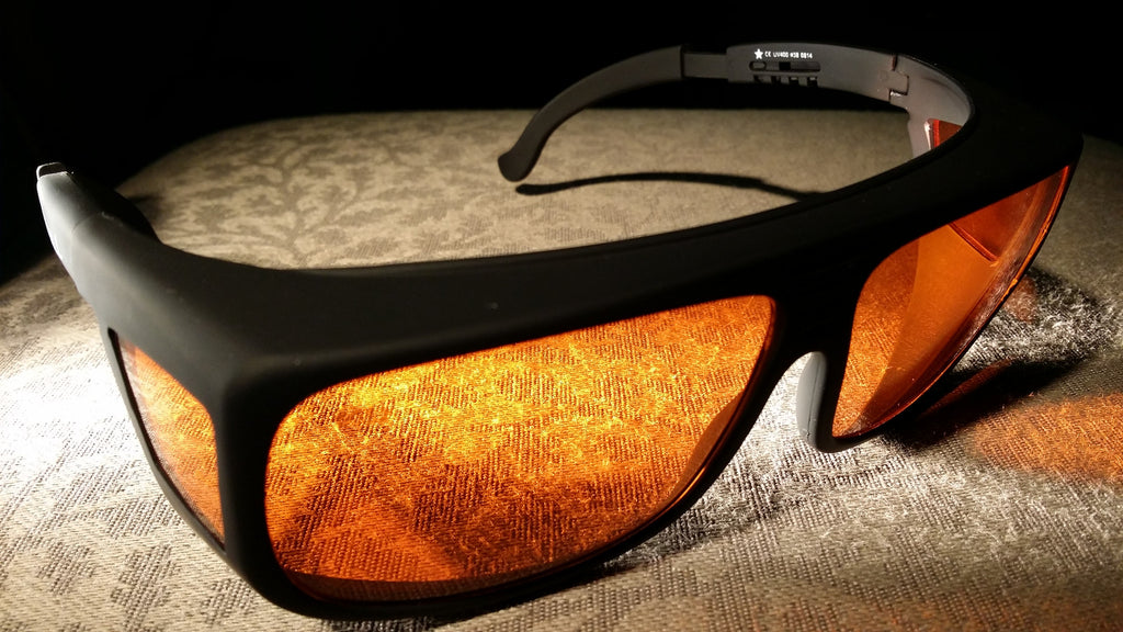 Orange Lens Dim Light Melatonin Onset Eyewear frame 38 Black Fit-Over Style Large SKU 577704257